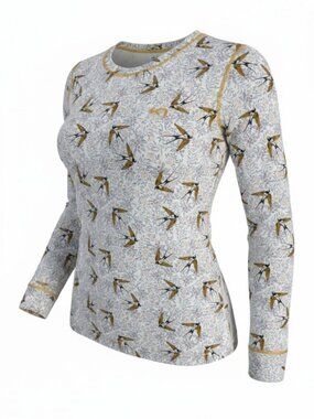 KARI TRAA Bird Print Baselayer Top Nordic Activewear Stretch long sleeve XL